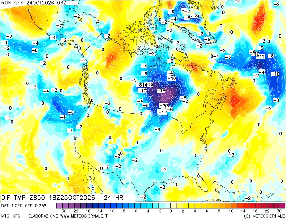 mappa Dif. Temp a 850 hPa Valid - Init