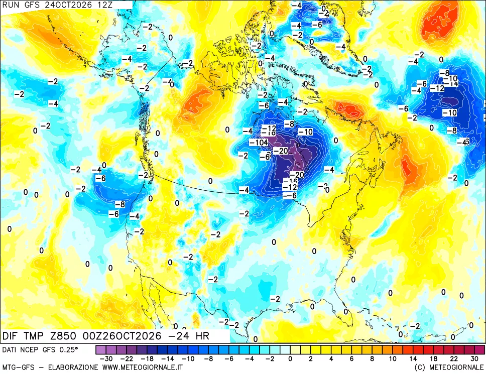 mappa Dif. Temp a 850 hPa Valid - Init