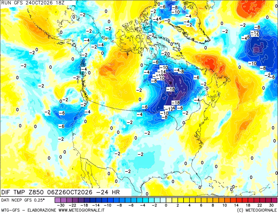 mappa Dif. Temp a 850 hPa Valid - Init