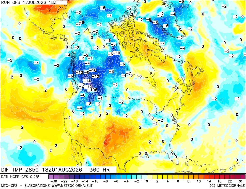mappa Dif. Temp a 850 hPa Valid - Init