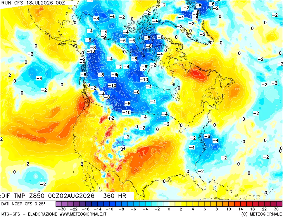 mappa Dif. Temp a 850 hPa Valid - Init