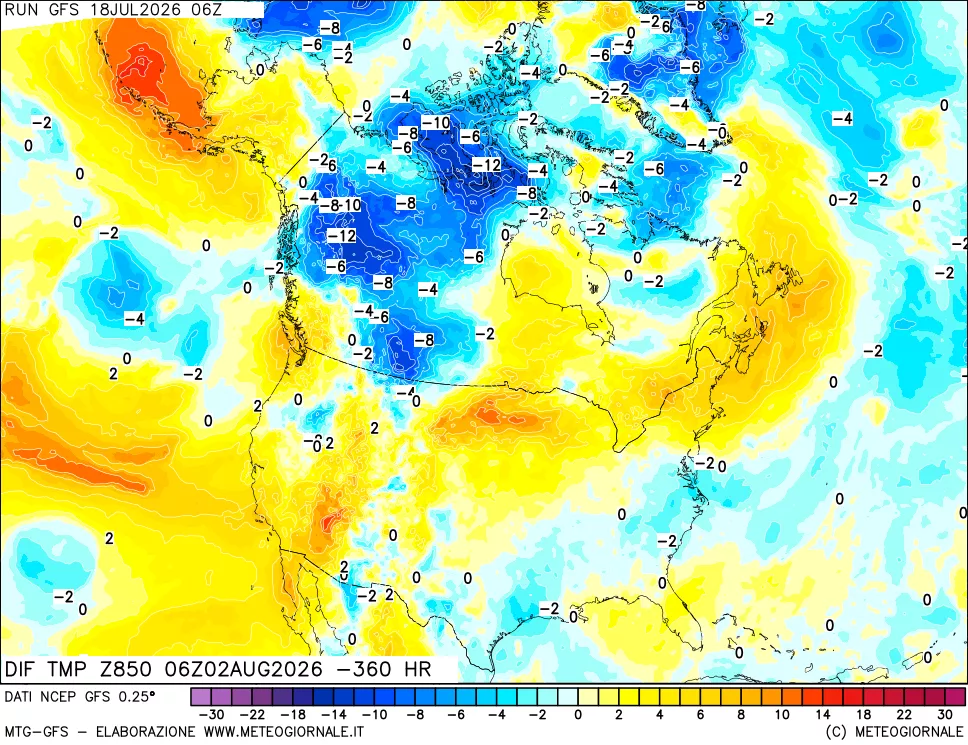 mappa Dif. Temp a 850 hPa Valid - Init