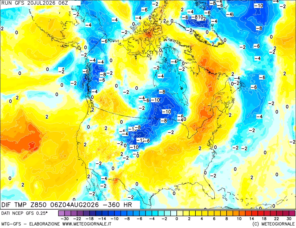 mappa Dif. Temp a 850 hPa Valid - Init