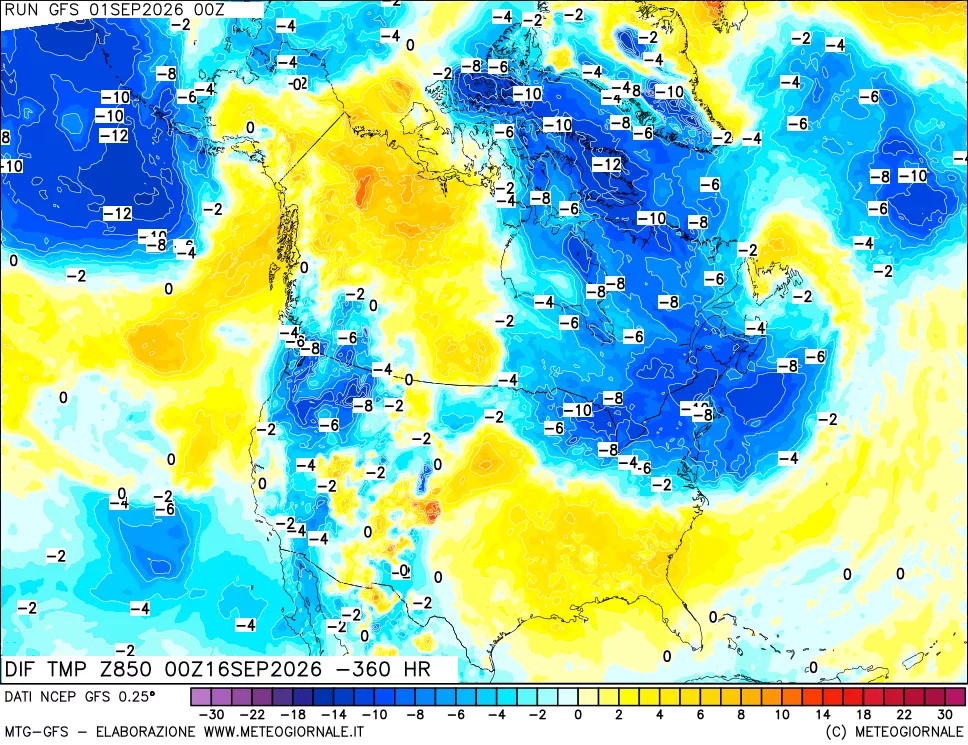 mappa Dif. Temp a 850 hPa Valid - Init