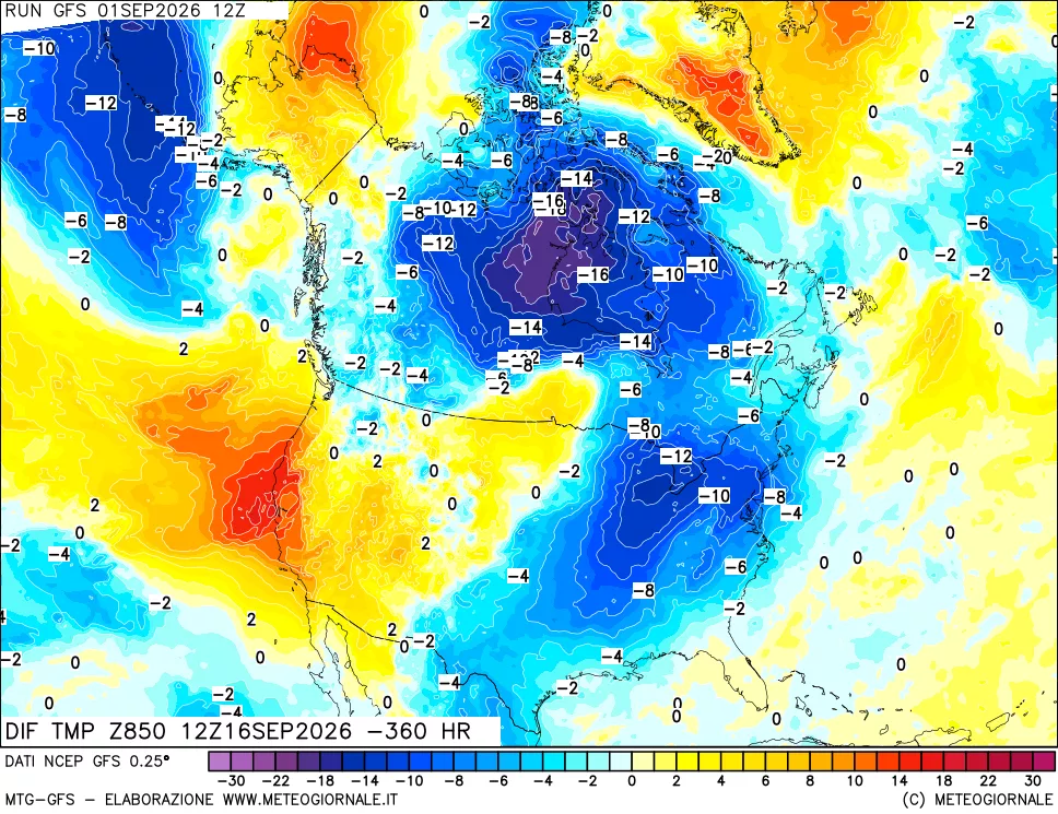 mappa Dif. Temp a 850 hPa Valid - Init