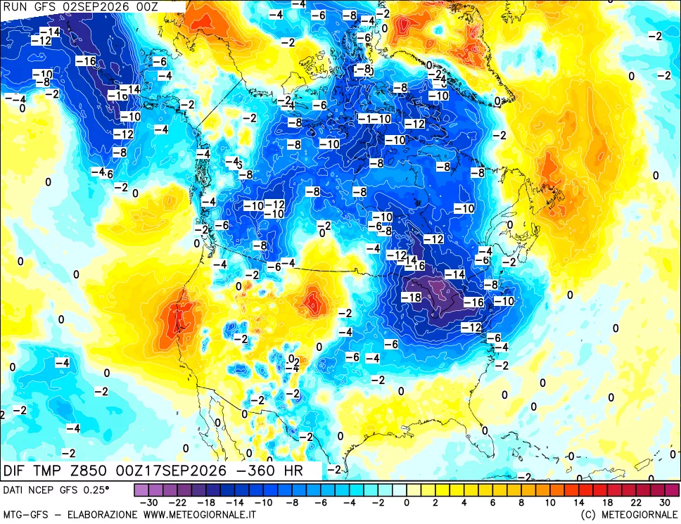 mappa Dif. Temp a 850 hPa Valid - Init