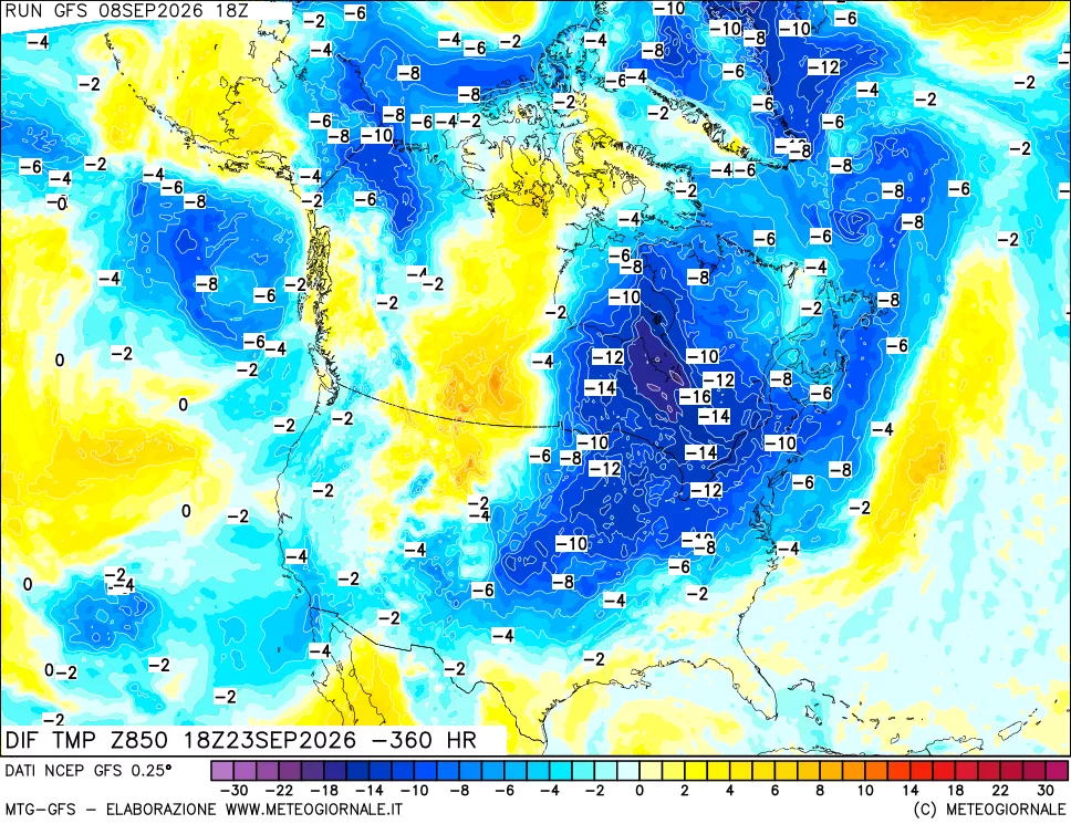 mappa Dif. Temp a 850 hPa Valid - Init