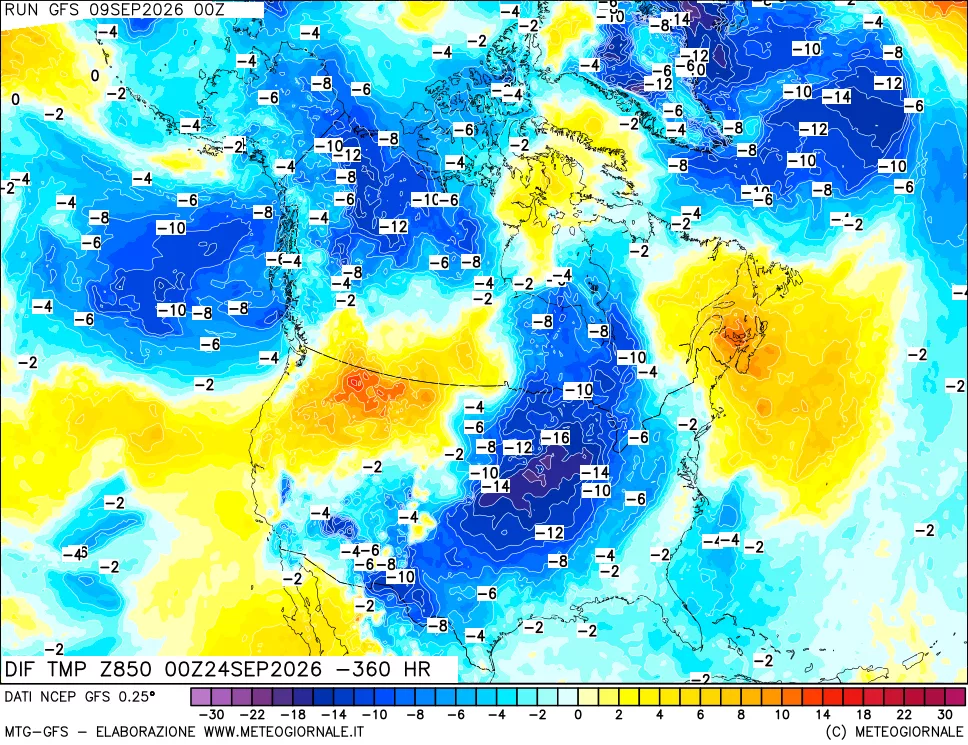 mappa Dif. Temp a 850 hPa Valid - Init