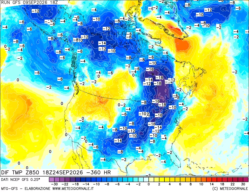 mappa Dif. Temp a 850 hPa Valid - Init