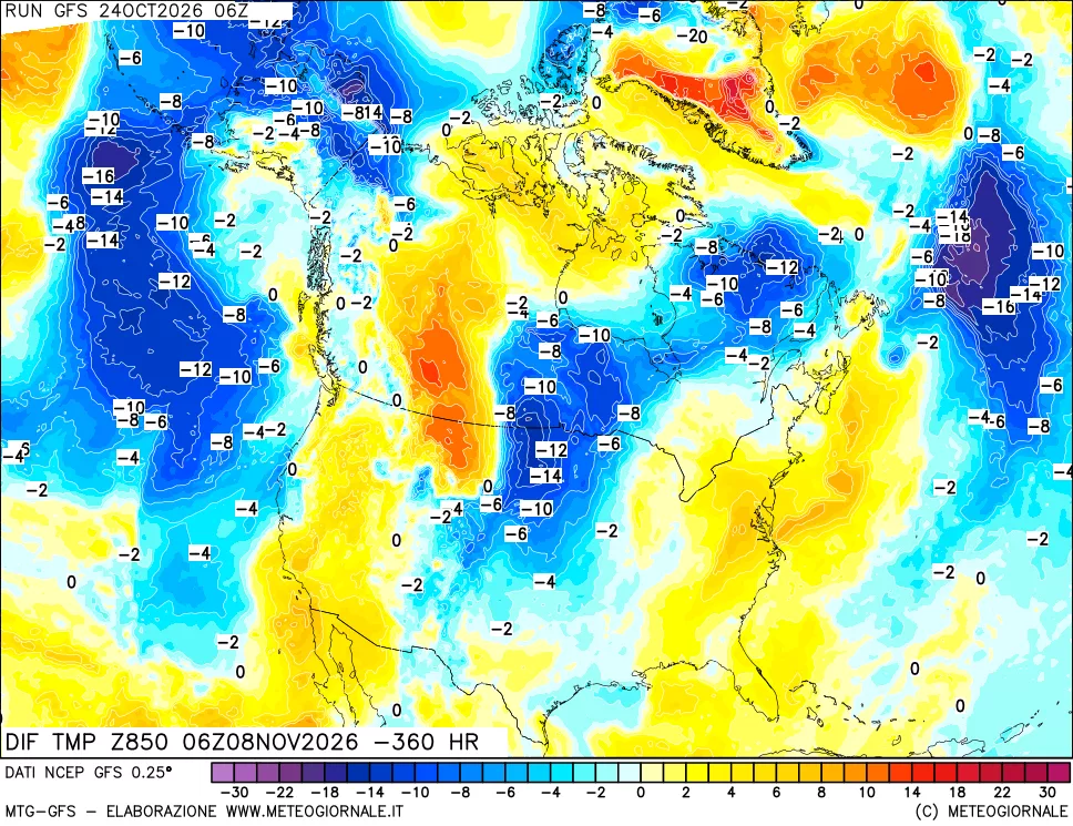 mappa Dif. Temp a 850 hPa Valid - Init