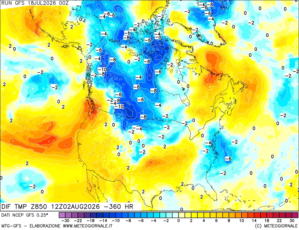 mappa Dif. Temp a 850 hPa Valid - Init