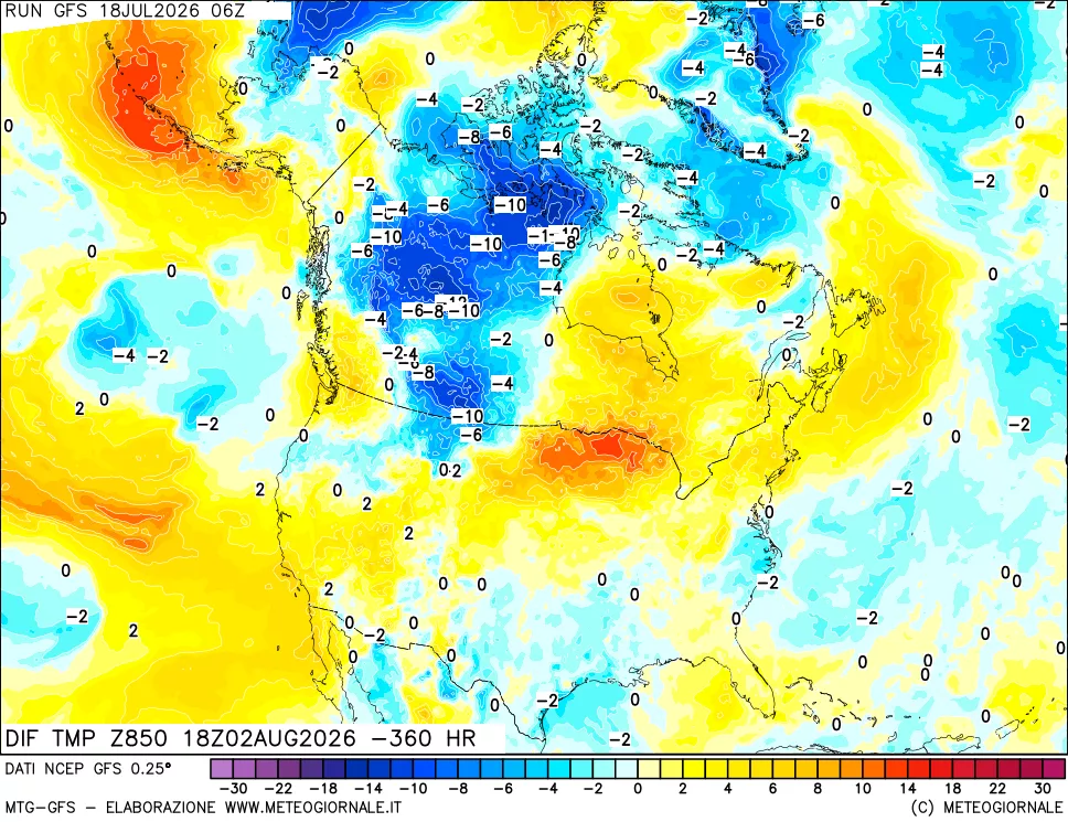 mappa Dif. Temp a 850 hPa Valid - Init