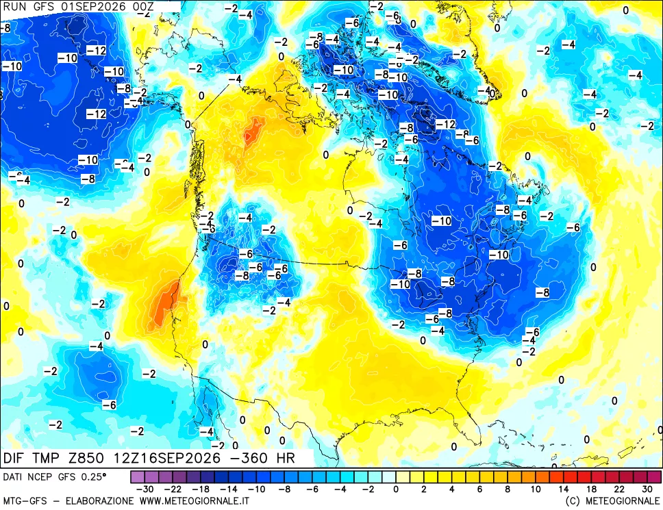 mappa Dif. Temp a 850 hPa Valid - Init