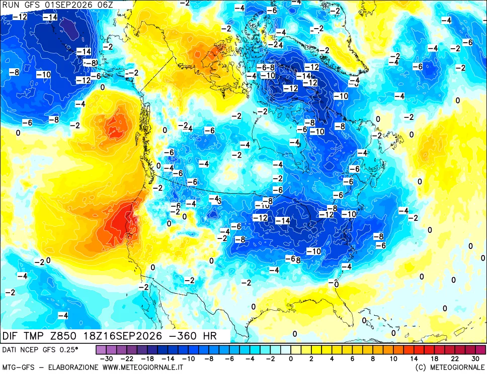 mappa Dif. Temp a 850 hPa Valid - Init