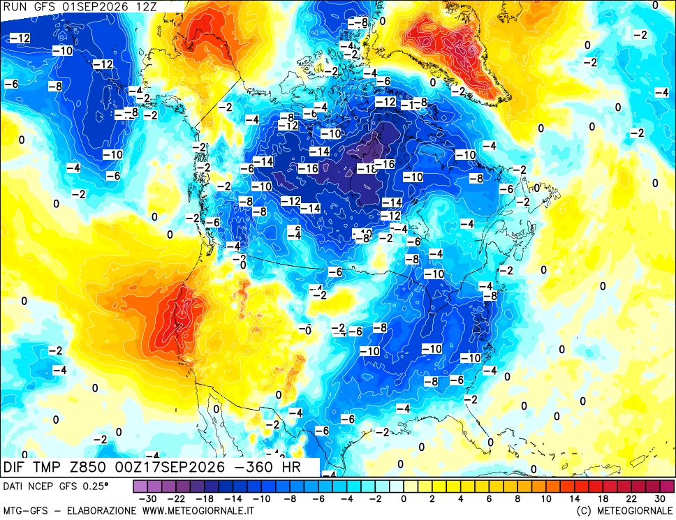 mappa Dif. Temp a 850 hPa Valid - Init