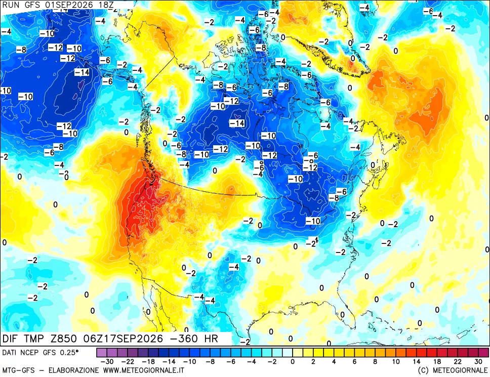 mappa Dif. Temp a 850 hPa Valid - Init