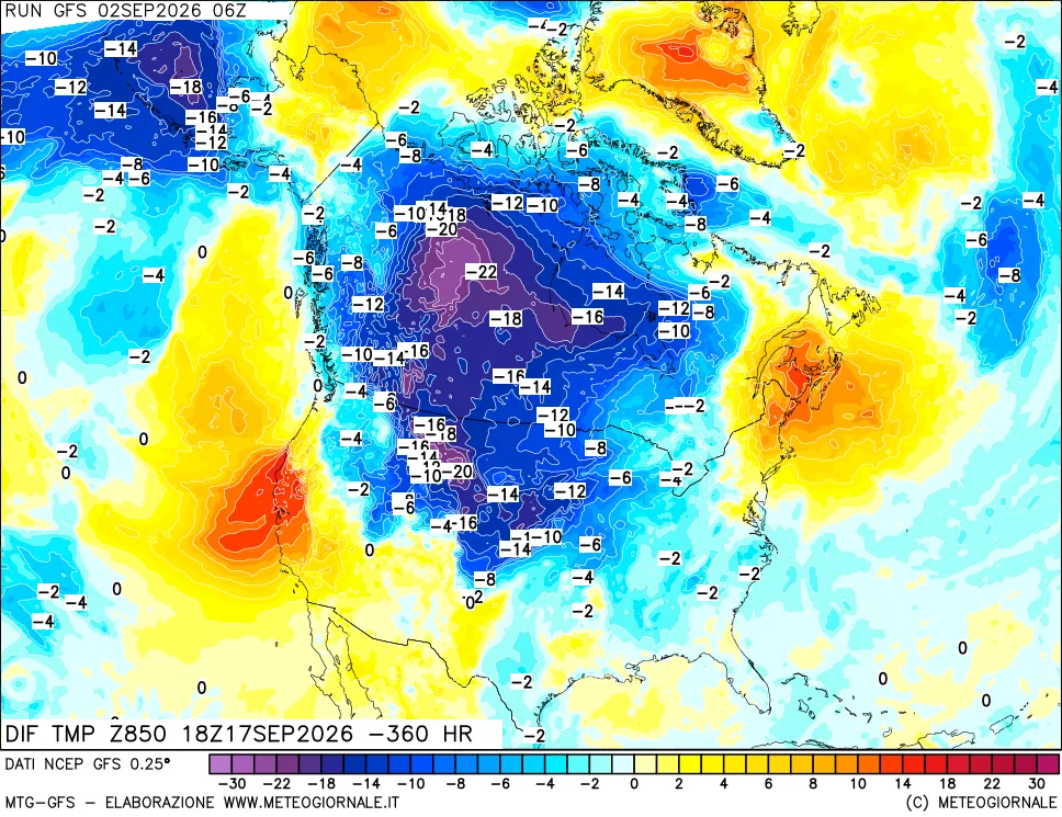 mappa Dif. Temp a 850 hPa Valid - Init