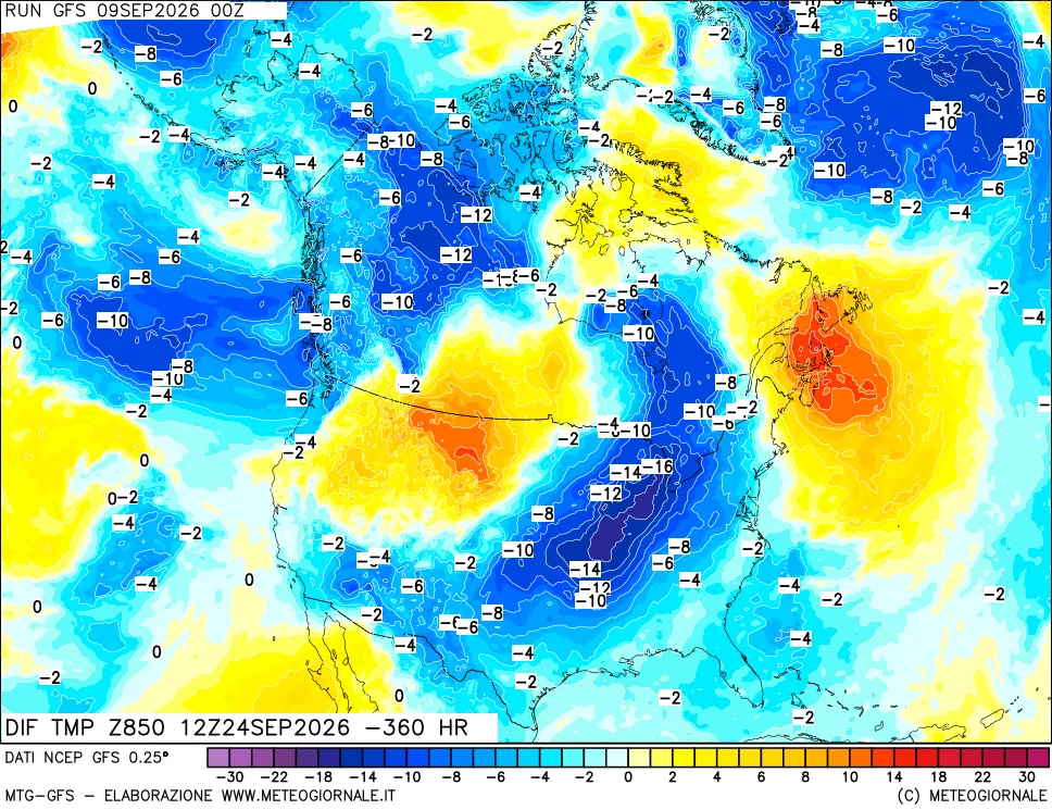 mappa Dif. Temp a 850 hPa Valid - Init