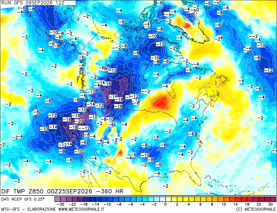 mappa Dif. Temp a 850 hPa Valid - Init