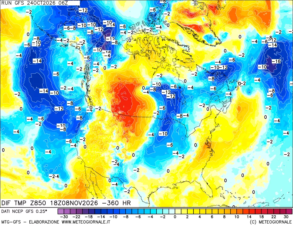 mappa Dif. Temp a 850 hPa Valid - Init