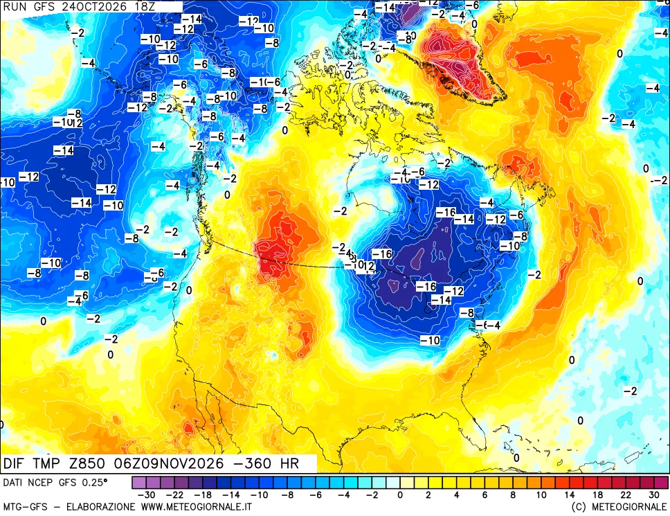 mappa Dif. Temp a 850 hPa Valid - Init