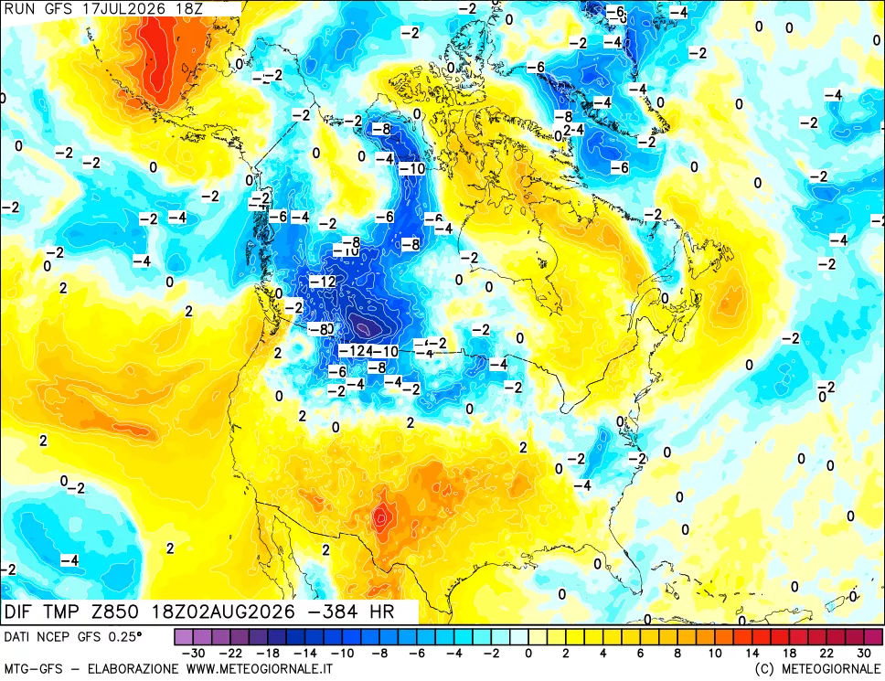 mappa Dif. Temp a 850 hPa Valid - Init