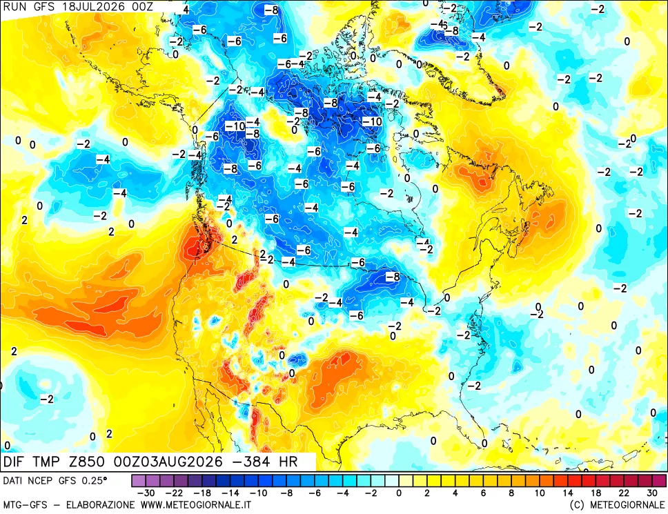 mappa Dif. Temp a 850 hPa Valid - Init