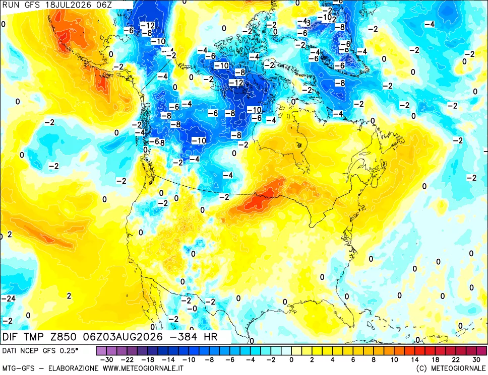 mappa Dif. Temp a 850 hPa Valid - Init