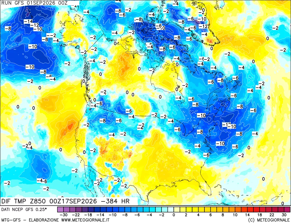 mappa Dif. Temp a 850 hPa Valid - Init