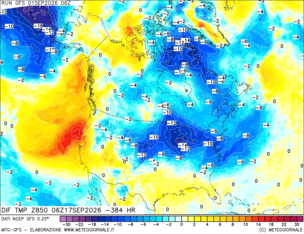 mappa Dif. Temp a 850 hPa Valid - Init