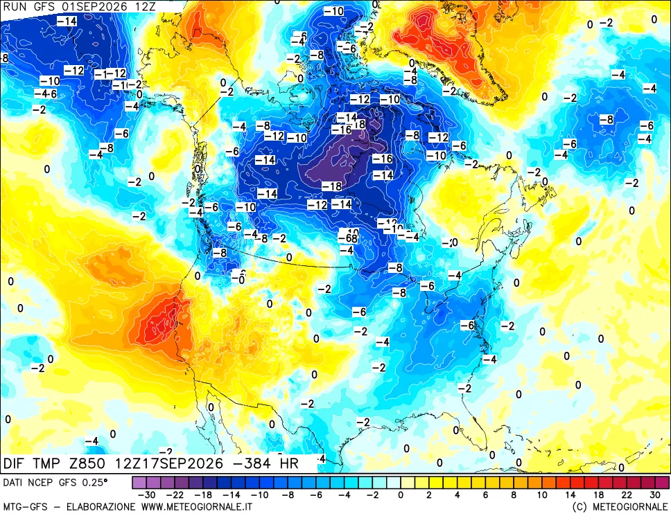 mappa Dif. Temp a 850 hPa Valid - Init