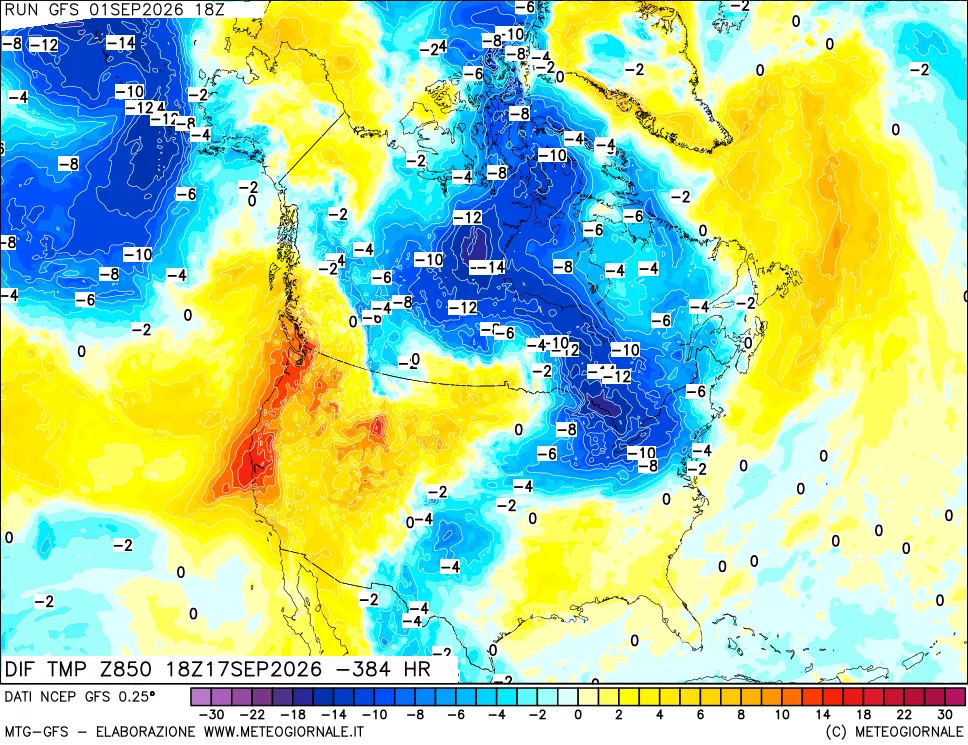 mappa Dif. Temp a 850 hPa Valid - Init