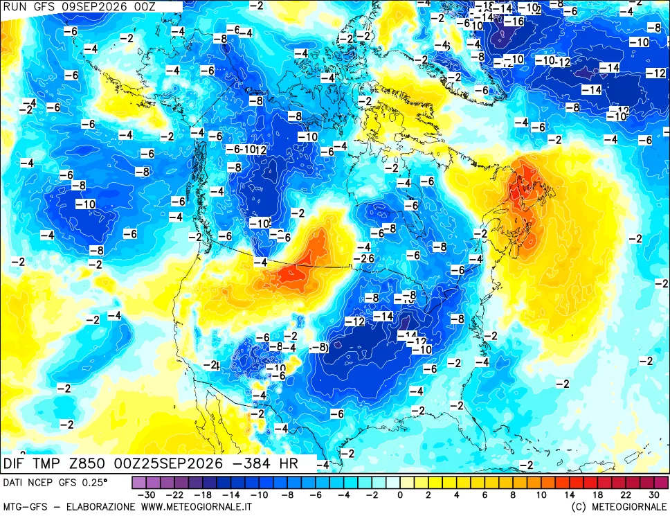 mappa Dif. Temp a 850 hPa Valid - Init