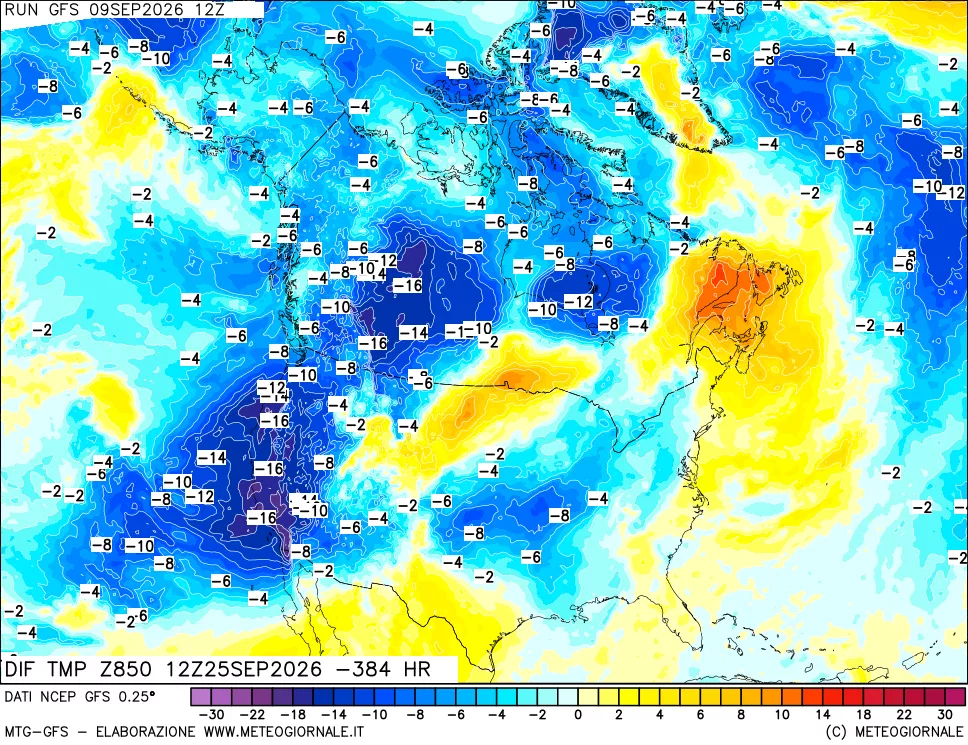 mappa Dif. Temp a 850 hPa Valid - Init