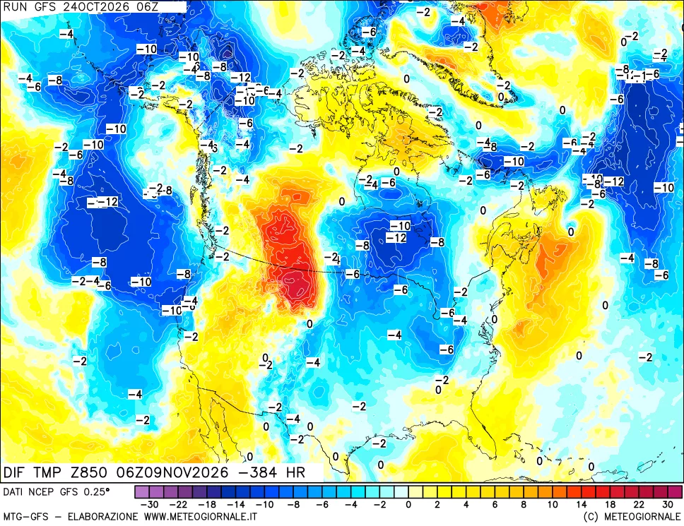 mappa Dif. Temp a 850 hPa Valid - Init