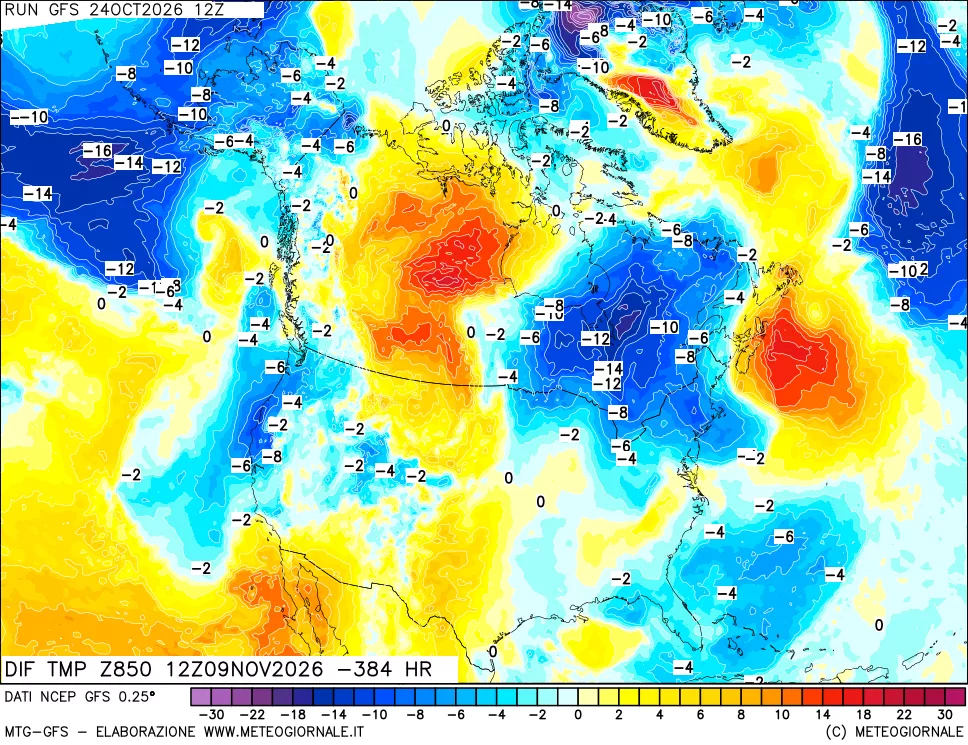 mappa Dif. Temp a 850 hPa Valid - Init