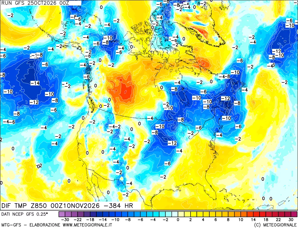 mappa Dif. Temp a 850 hPa Valid - Init