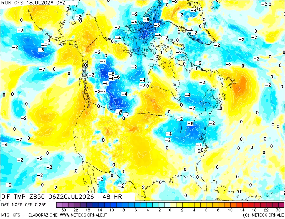 mappa Dif. Temp a 850 hPa Valid - Init