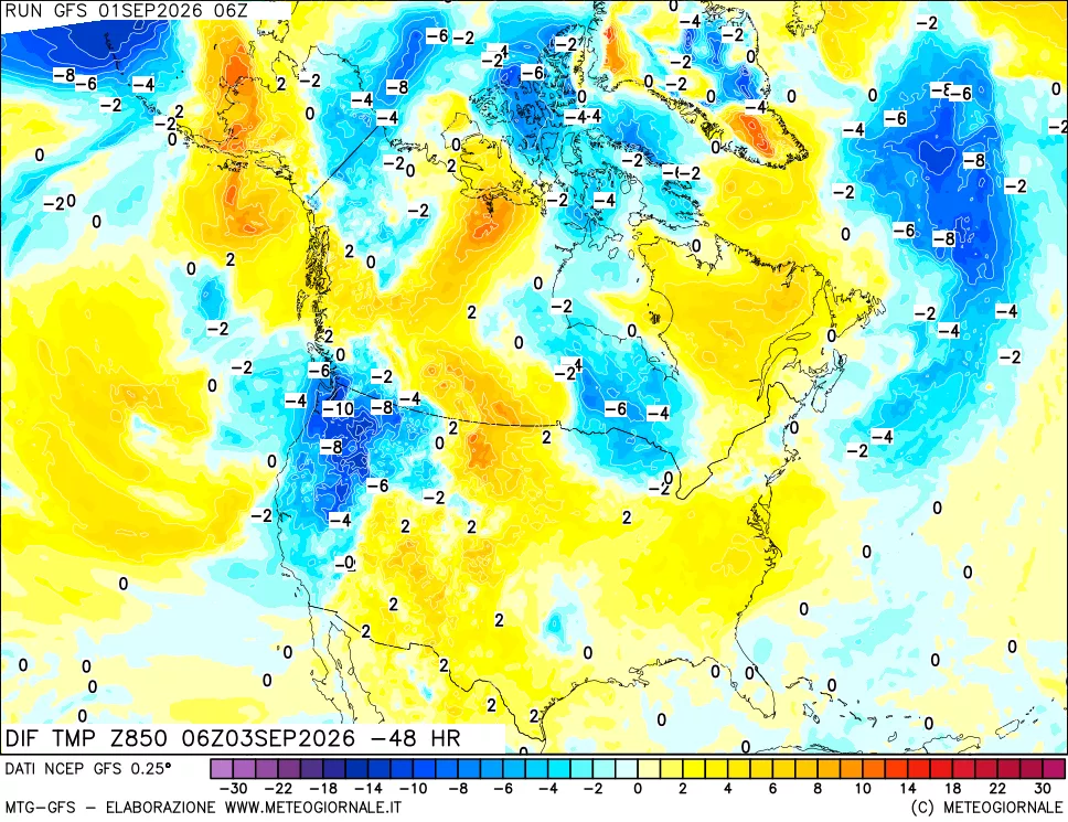 mappa Dif. Temp a 850 hPa Valid - Init