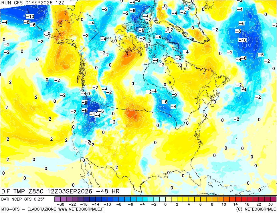 mappa Dif. Temp a 850 hPa Valid - Init
