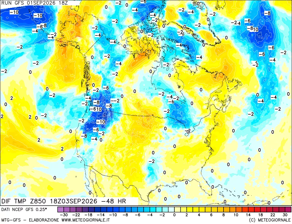 mappa Dif. Temp a 850 hPa Valid - Init