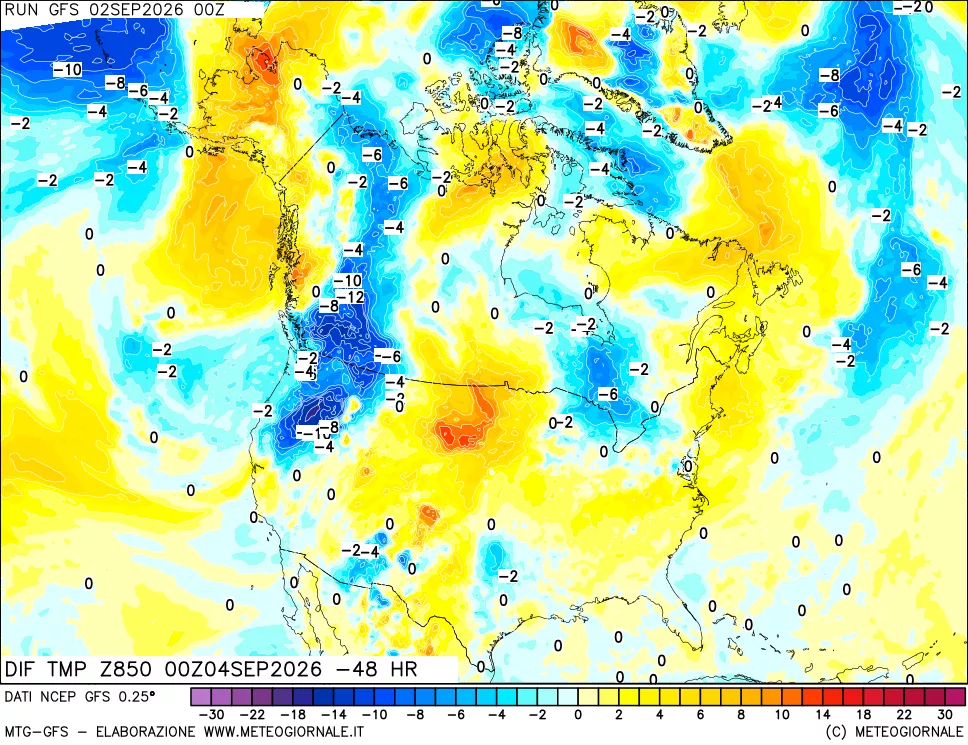 mappa Dif. Temp a 850 hPa Valid - Init