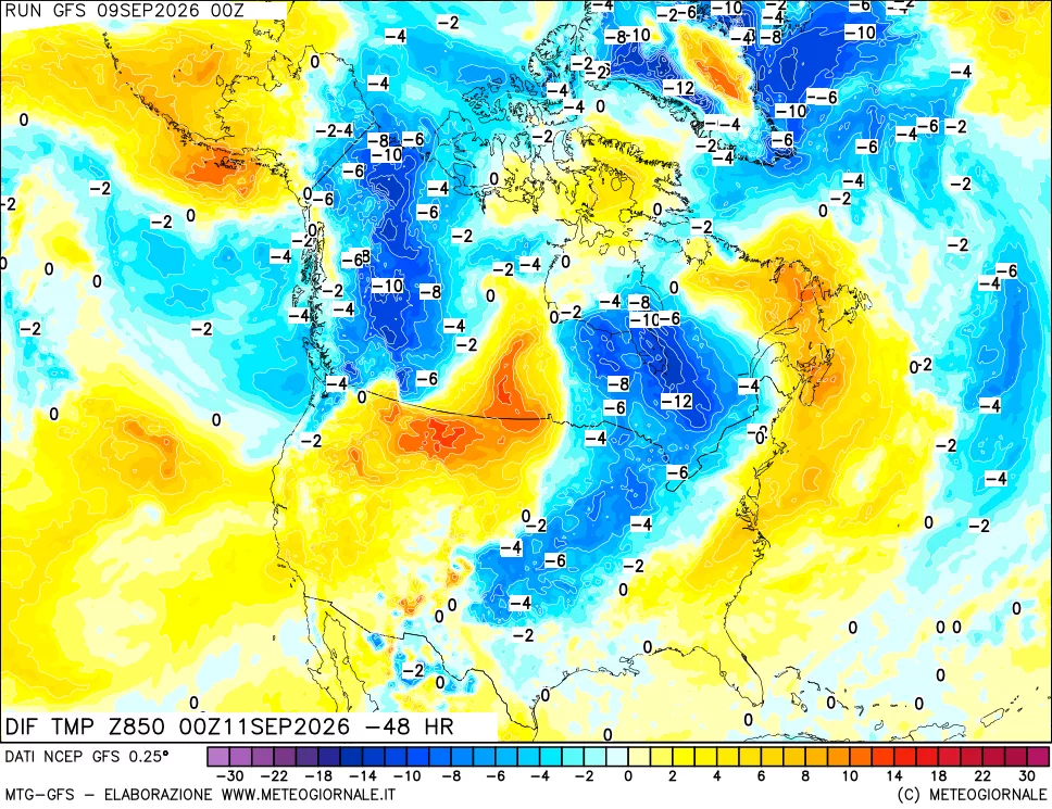 mappa Dif. Temp a 850 hPa Valid - Init