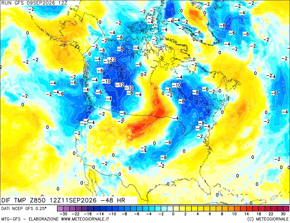 mappa Dif. Temp a 850 hPa Valid - Init