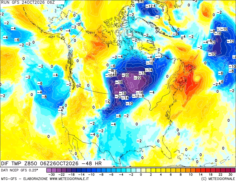 mappa Dif. Temp a 850 hPa Valid - Init