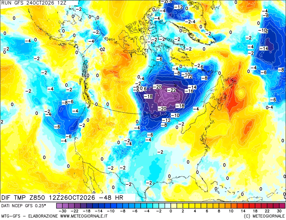 mappa Dif. Temp a 850 hPa Valid - Init