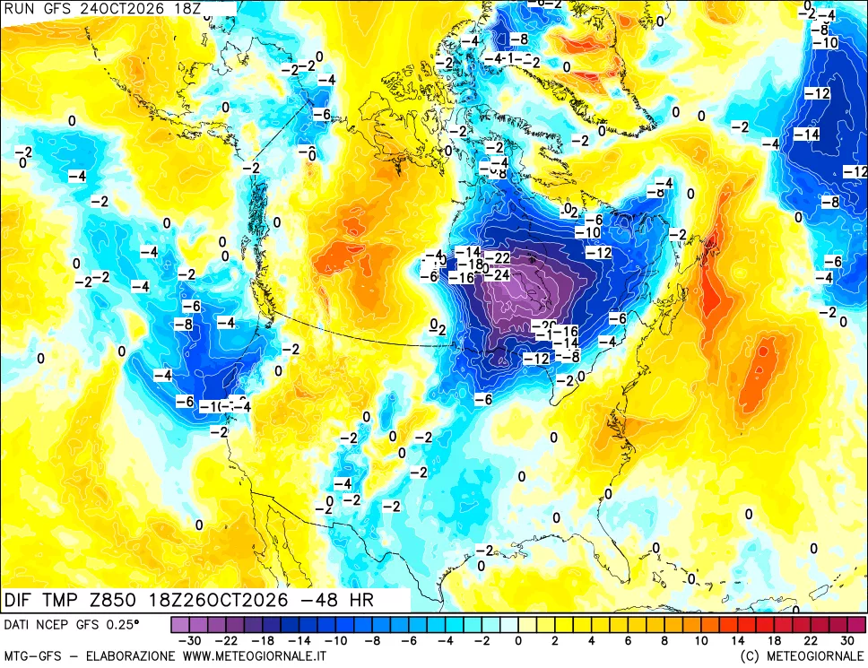 mappa Dif. Temp a 850 hPa Valid - Init