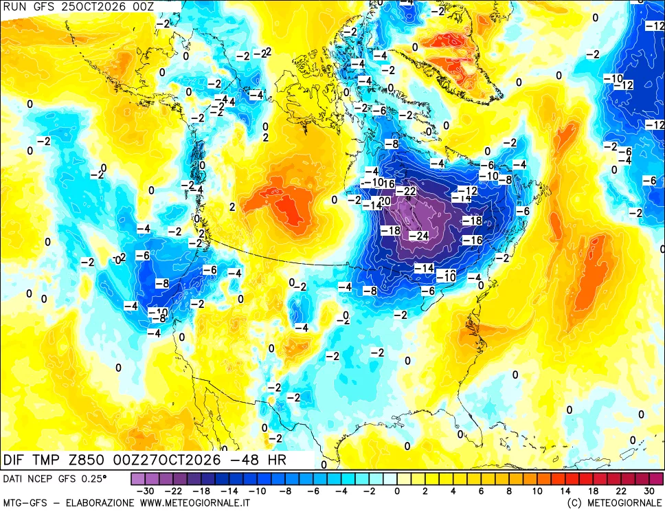 mappa Dif. Temp a 850 hPa Valid - Init