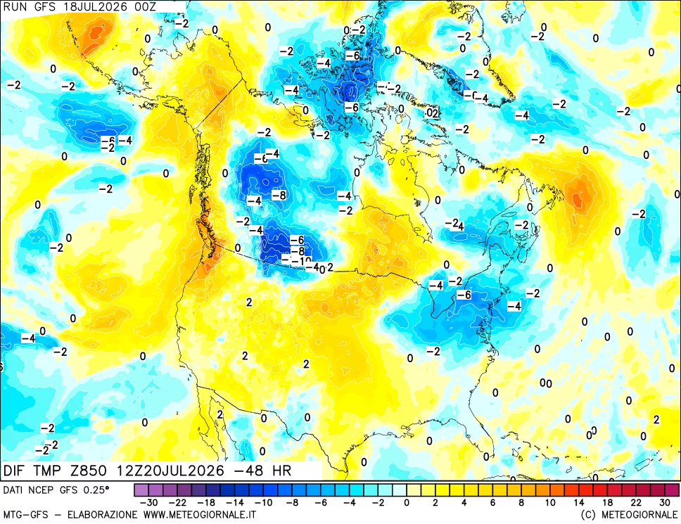 mappa Dif. Temp a 850 hPa Valid - Init