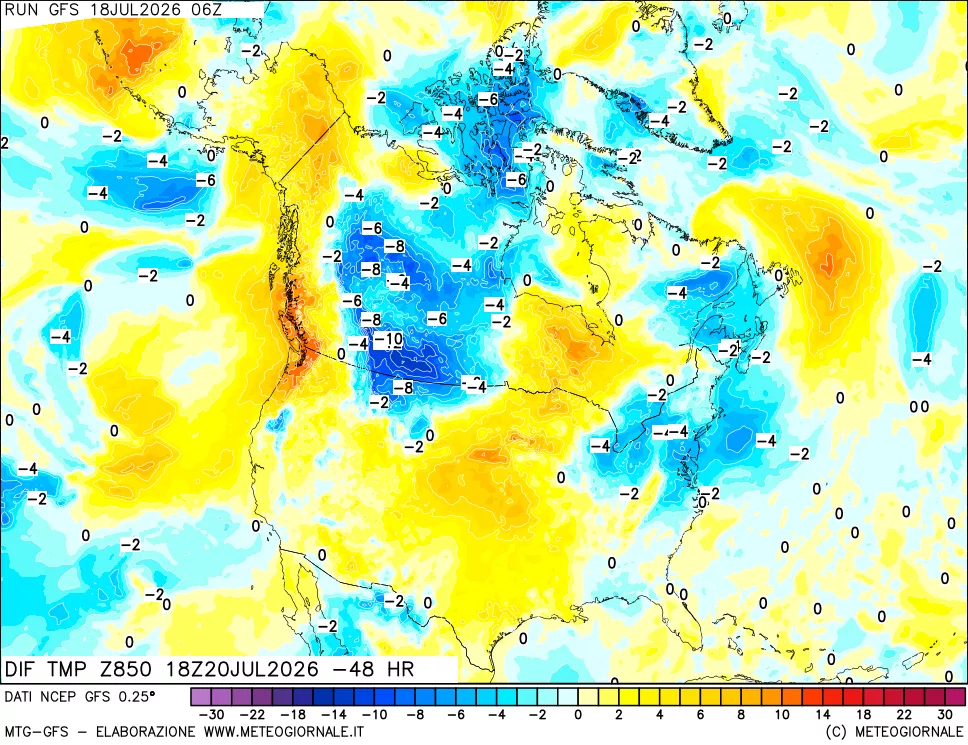 mappa Dif. Temp a 850 hPa Valid - Init